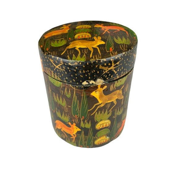 Vtg Paper Mache India Hand Painted Trinket Jewelry Box Deer Woodland Animals - Picture 2 of 9